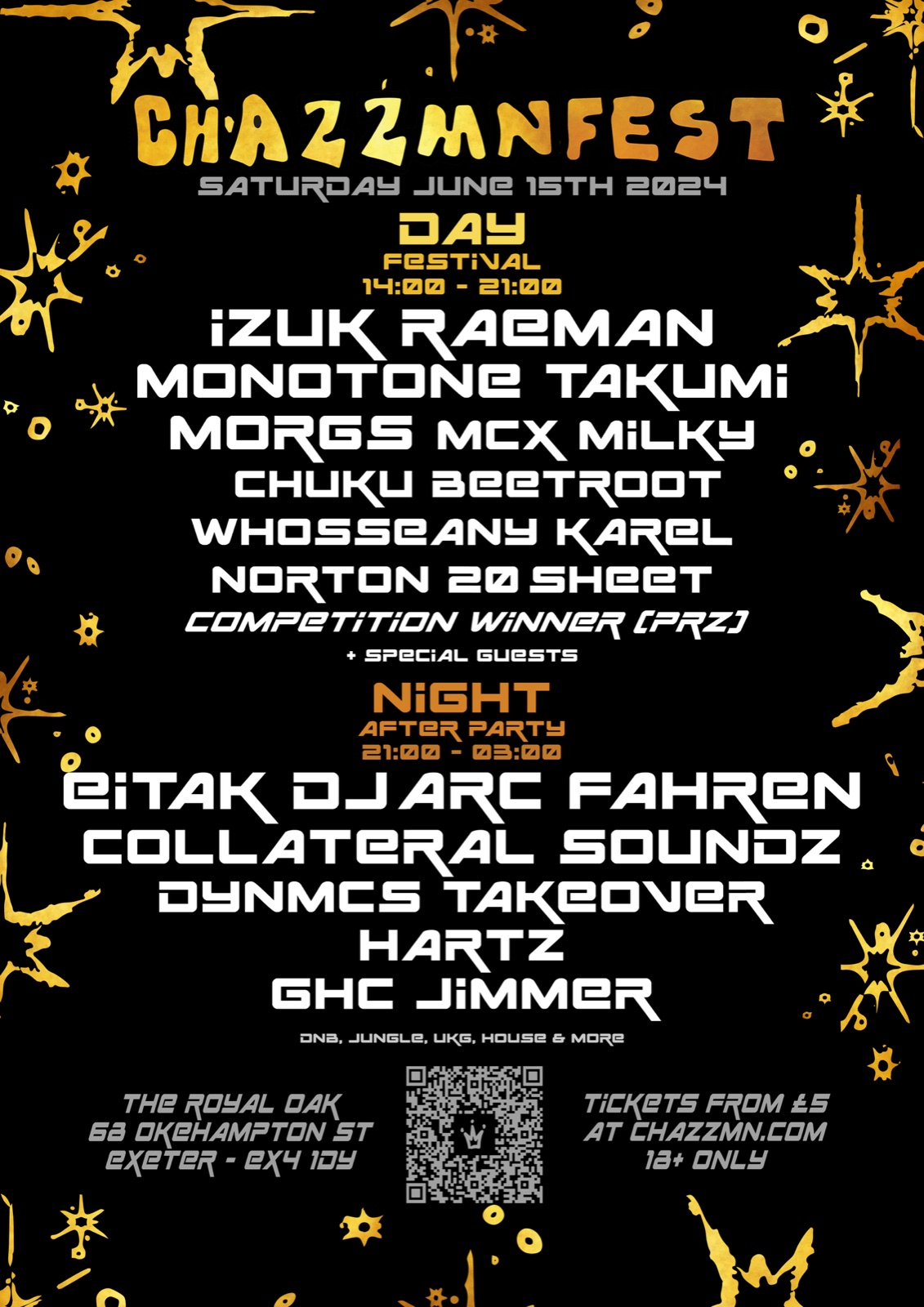 Day and night poster, Sat 15 June 2024, The Royal Oak, Exeter